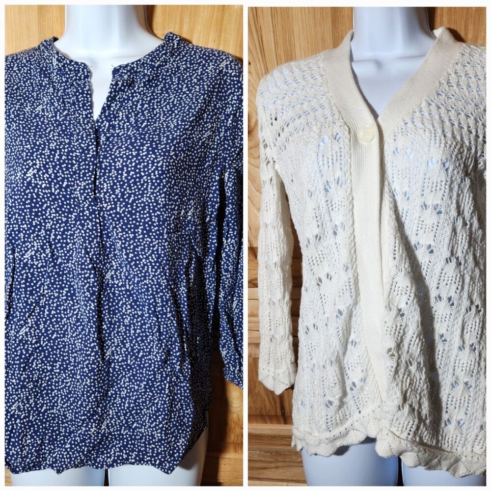 Lot of 2 Women’s 3/4 Sleeve Tops Size Small Blouse + Cardigan